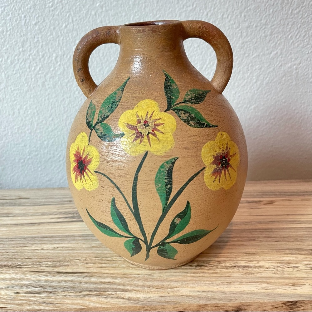 Vintage Tonala Mexican Terracotta and Yellow Floral Pottery Jug Vase